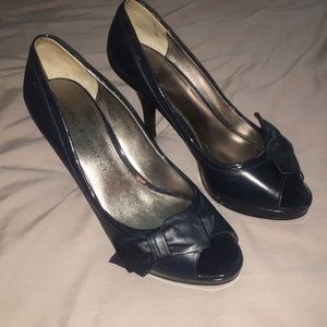 Marc Fisher Navy Blue Heels with Bow and Toe Peep